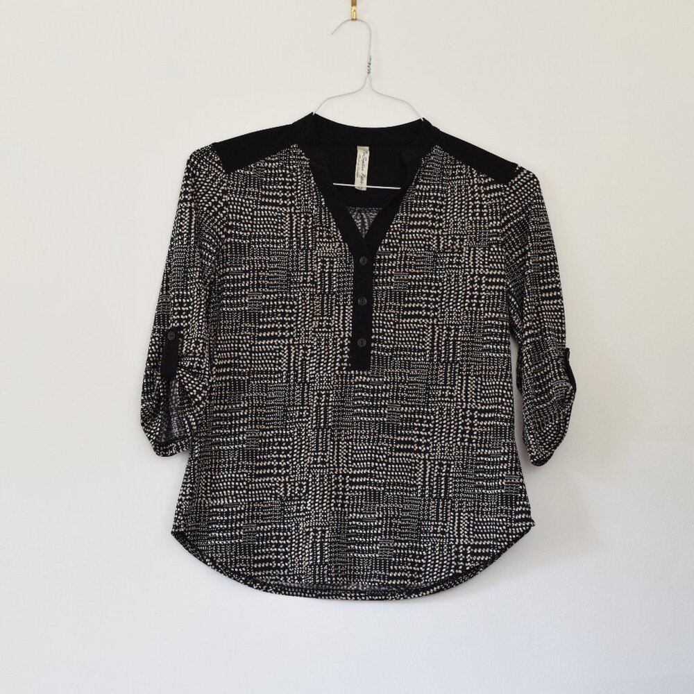 PERSEPTION PETITE Black & Tan Dotted Wrinkle-Free 3/4 Sleeve Blouse Top | Size S